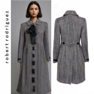 Robert Rodriguez Black White  Coat Woven Chevron Longline With Tie Size 12